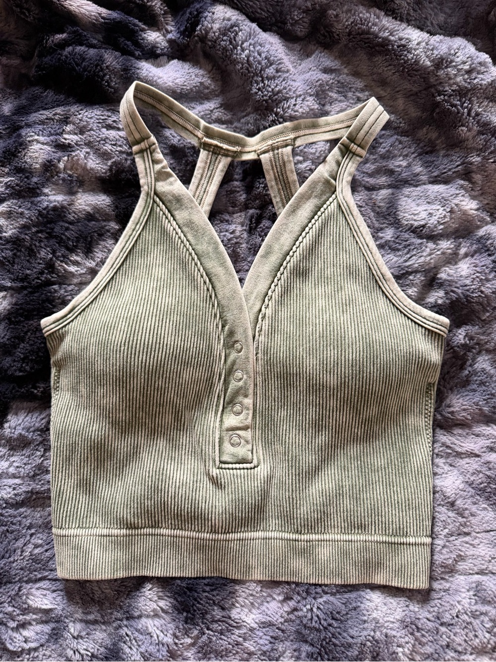 Zenana Outfitters Olive Ribbed V-Neck Button-Front Crop Tank